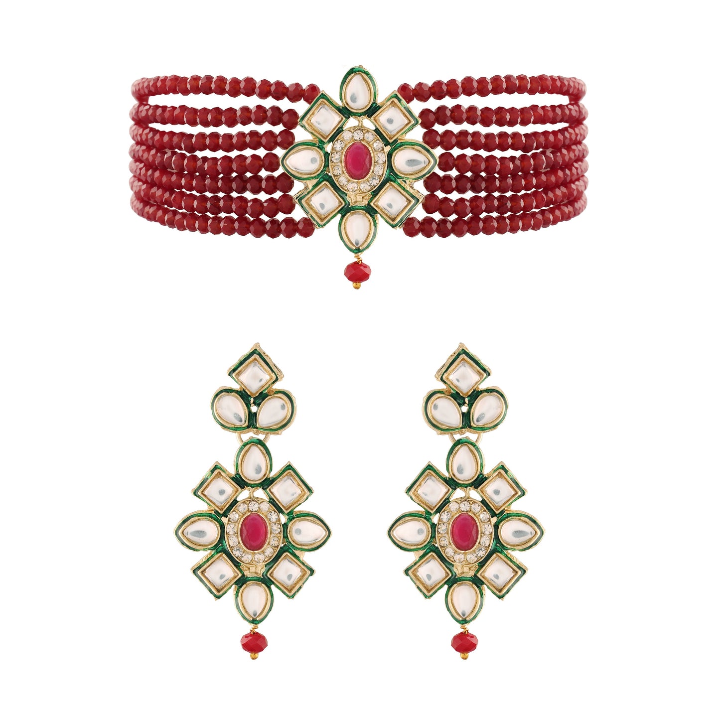 Women's 18K Gold Plated Traditional Kundan & Pearl Studded Choker Set - I Jew