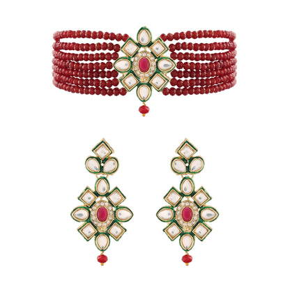 Women's 18K Gold Plated Traditional Kundan & Pearl Studded Choker Set - I Jew