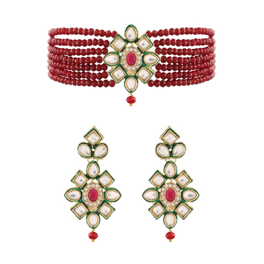 Women's 18K Gold Plated Traditional Kundan & Pearl Studded Choker Set - I Jew