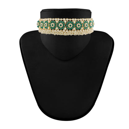 Women's 18K Gold Plated Traditional Kundan & Pearl Studded Choker Set - I Jew
