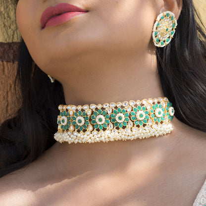 Women's 18K Gold Plated Traditional Kundan & Pearl Studded Choker Set - I Jew