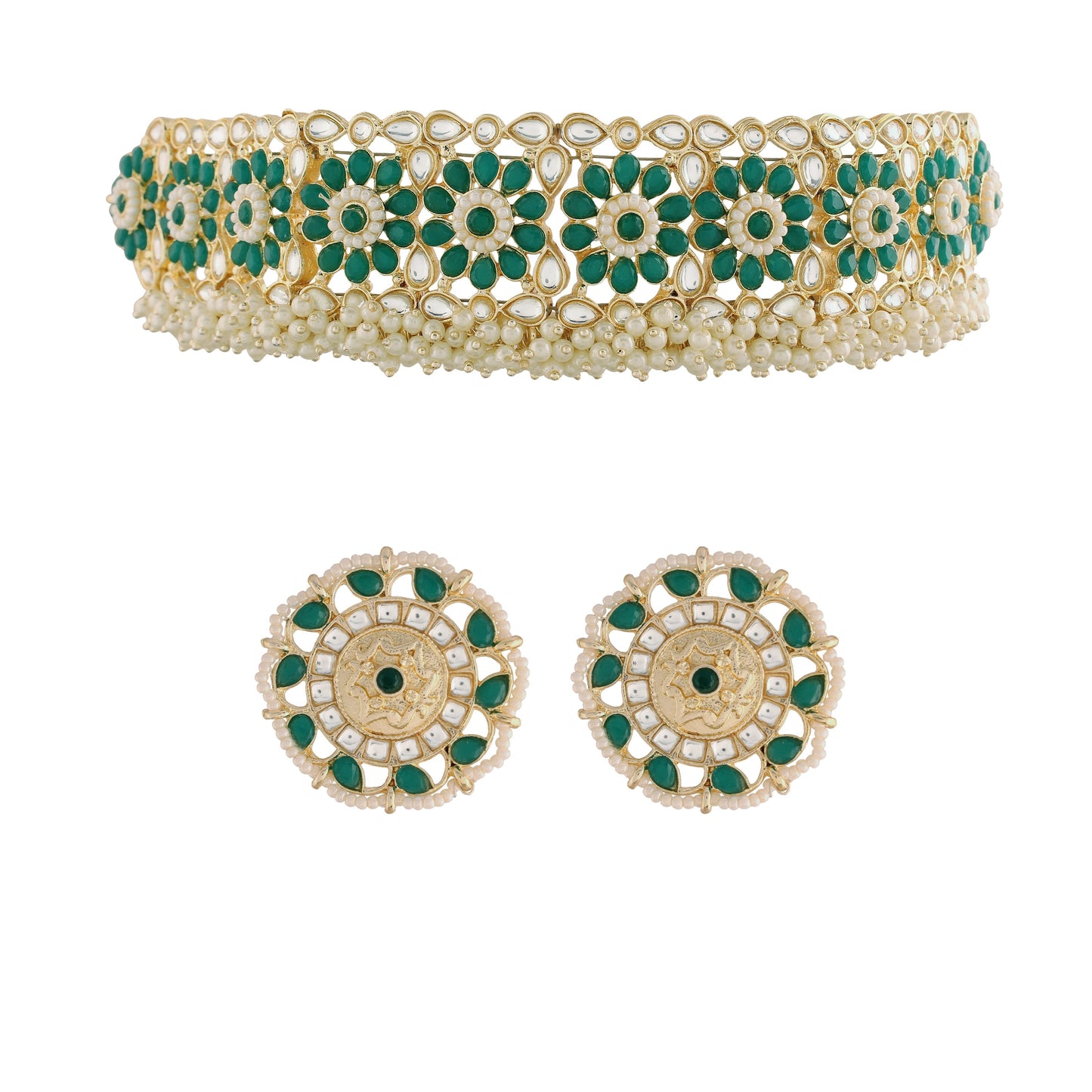 Women's 18K Gold Plated Traditional Kundan & Pearl Studded Choker Set - I Jew