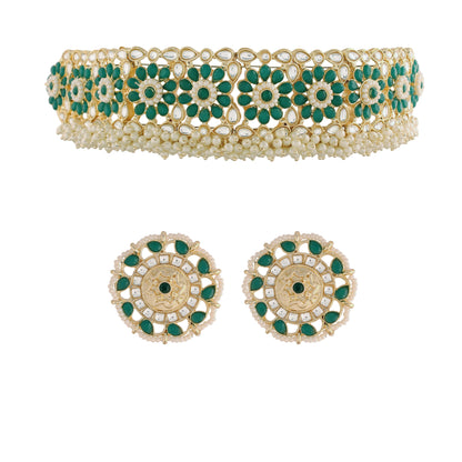 Women's 18K Gold Plated Traditional Kundan & Pearl Studded Choker Set - I Jew