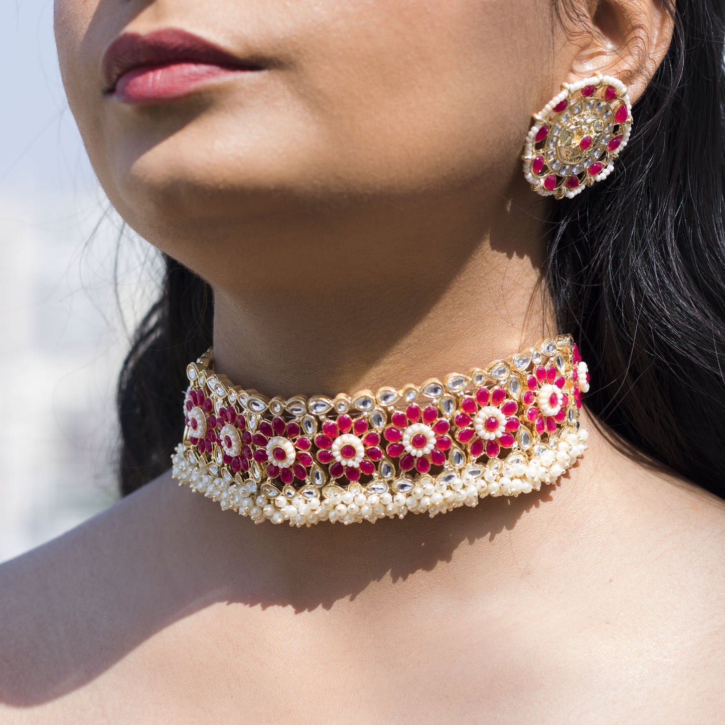 Women's 18K Gold Plated Traditional Kundan & Pearl Studded Choker Set - I Jew