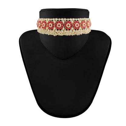 Women's 18K Gold Plated Traditional Kundan & Pearl Studded Choker Set - I Jew