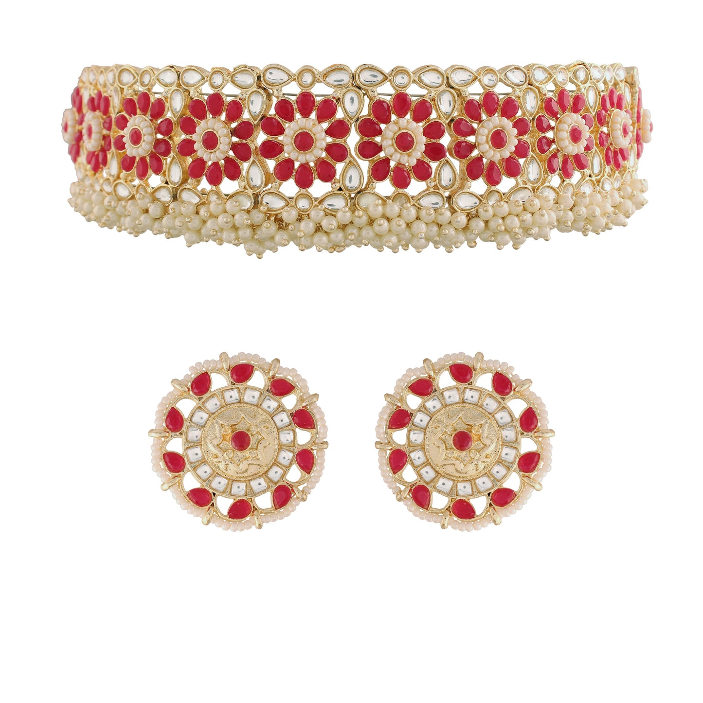 Women's 18K Gold Plated Traditional Kundan & Pearl Studded Choker Set - I Jew