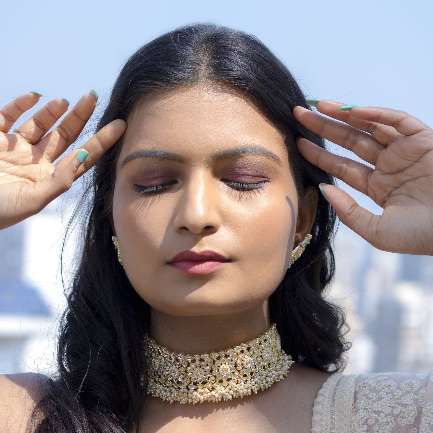 Women's 18K Gold Plated Traditional Kundan & Pearl Studded Choker Set - I Jew