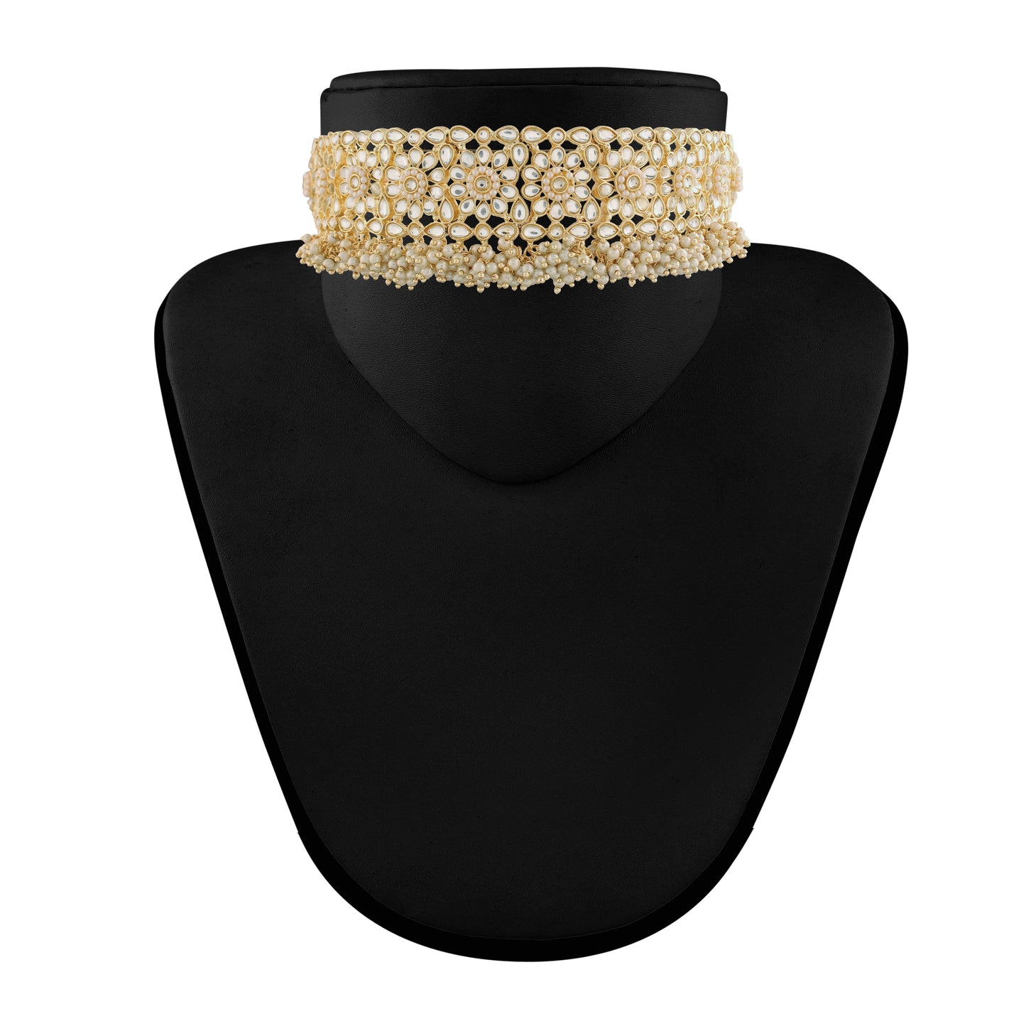 Women's 18K Gold Plated Traditional Kundan & Pearl Studded Choker Set - I Jew