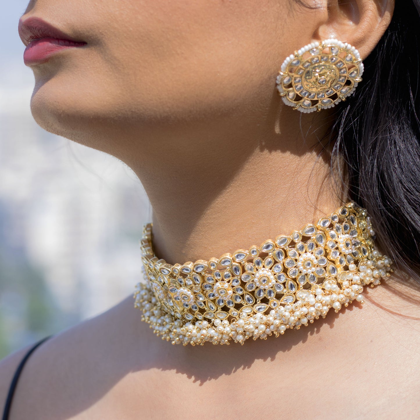 Women's 18K Gold Plated Traditional Kundan & Pearl Studded Choker Set - I Jew
