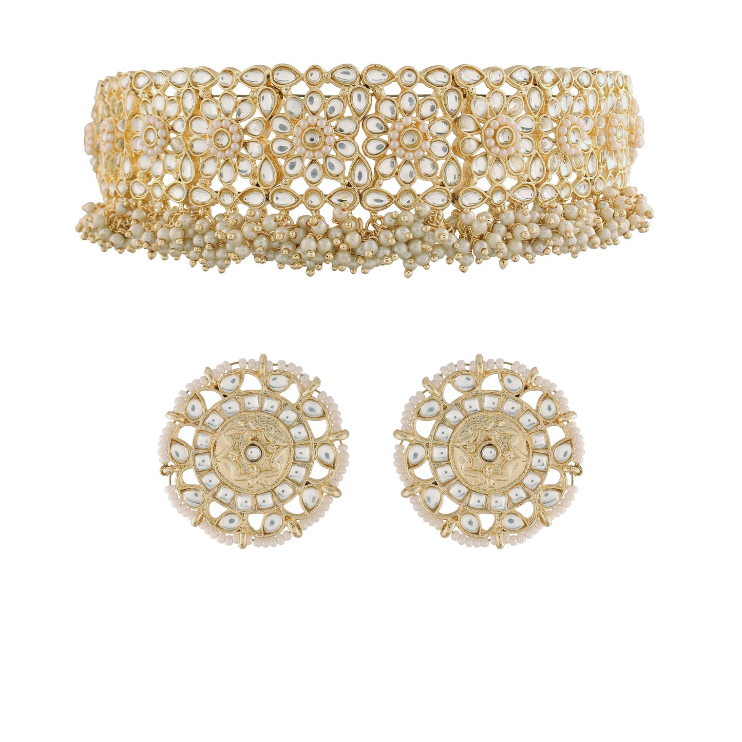 Women's 18K Gold Plated Traditional Kundan & Pearl Studded Choker Set - I Jew