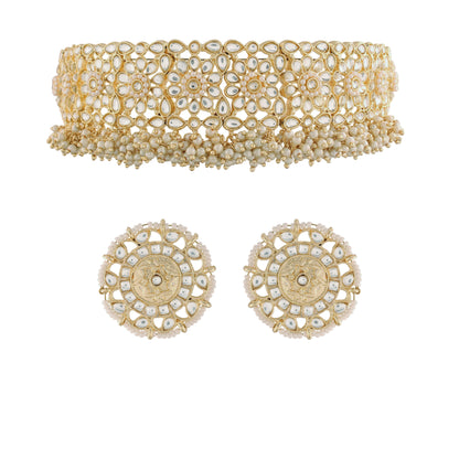 Women's 18K Gold Plated Traditional Kundan & Pearl Studded Choker Set - I Jew