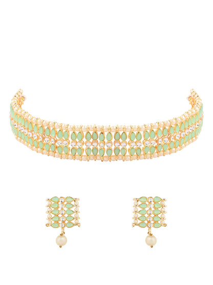 Women's 18k Gold Plated Traditional Peach Pearl & Kundan Studded Choker Necklace Jewellery Set