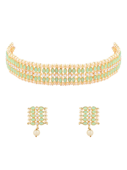 Women's 18k Gold Plated Traditional Peach Pearl & Kundan Studded Choker Necklace Jewellery Set