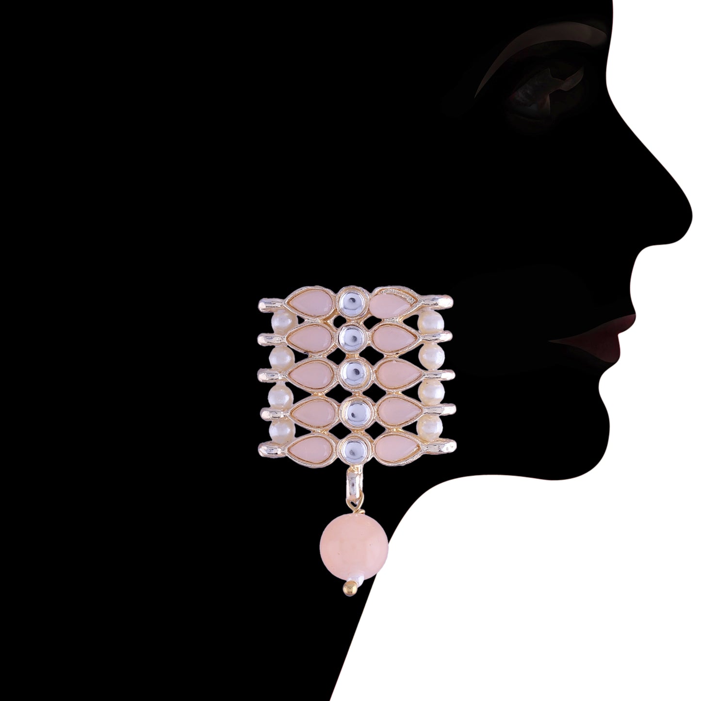 Women's 18k Gold Plated Traditional Peach Pearl & Kundan Studded Choker Necklace Jewellery Set