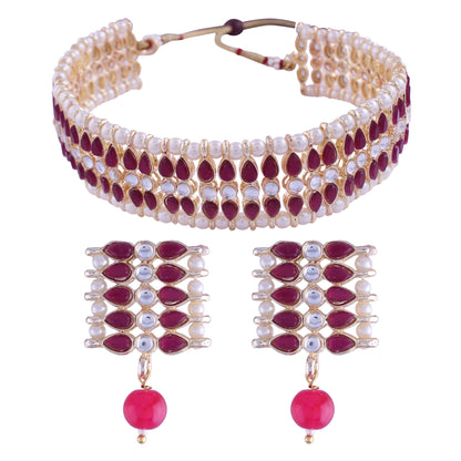 Women's 18k Gold Plated Traditional Peach Pearl & Kundan Studded Choker Necklace Jewellery Set