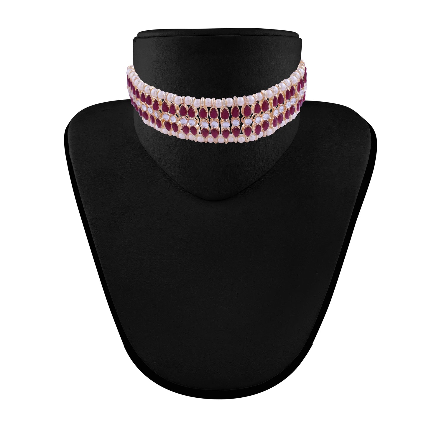 Women's 18k Gold Plated Traditional Peach Pearl & Kundan Studded Choker Necklace Jewellery Set