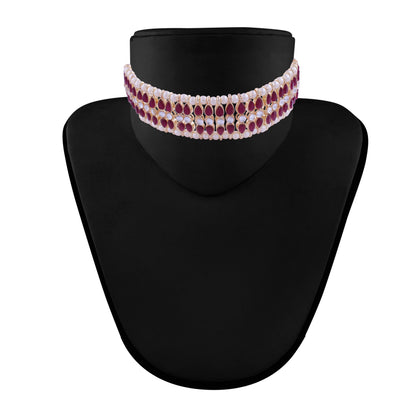 Women's 18k Gold Plated Traditional Peach Pearl & Kundan Studded Choker Necklace Jewellery Set