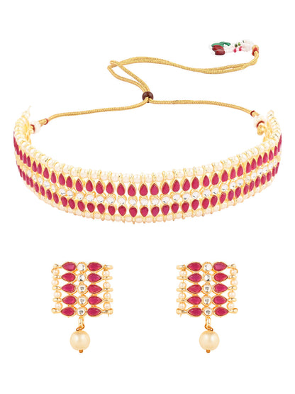 Women's 18k Gold Plated Traditional Peach Pearl & Kundan Studded Choker Necklace Jewellery Set