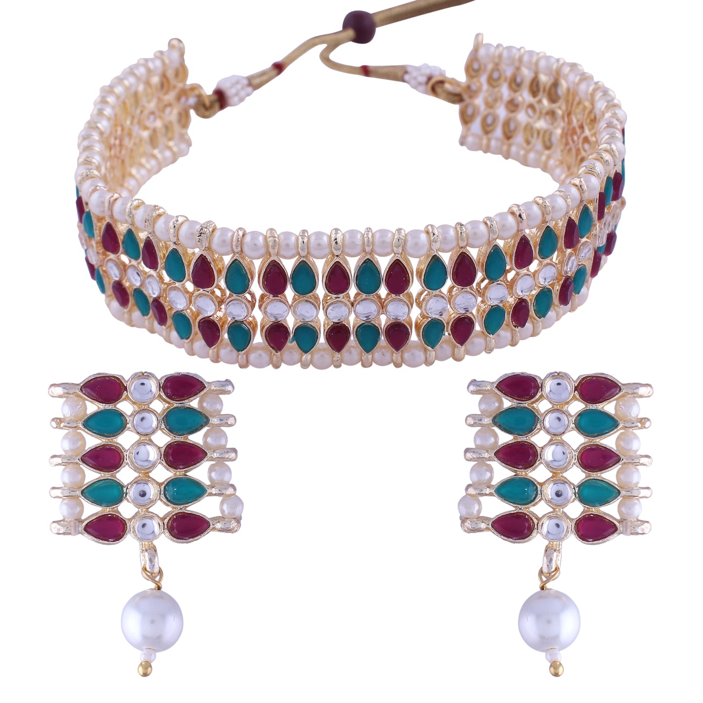 Women's 18k Gold Plated Traditional Peach Pearl & Kundan Studded Choker Necklace Jewellery Set