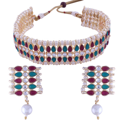 Women's 18k Gold Plated Traditional Peach Pearl & Kundan Studded Choker Necklace Jewellery Set