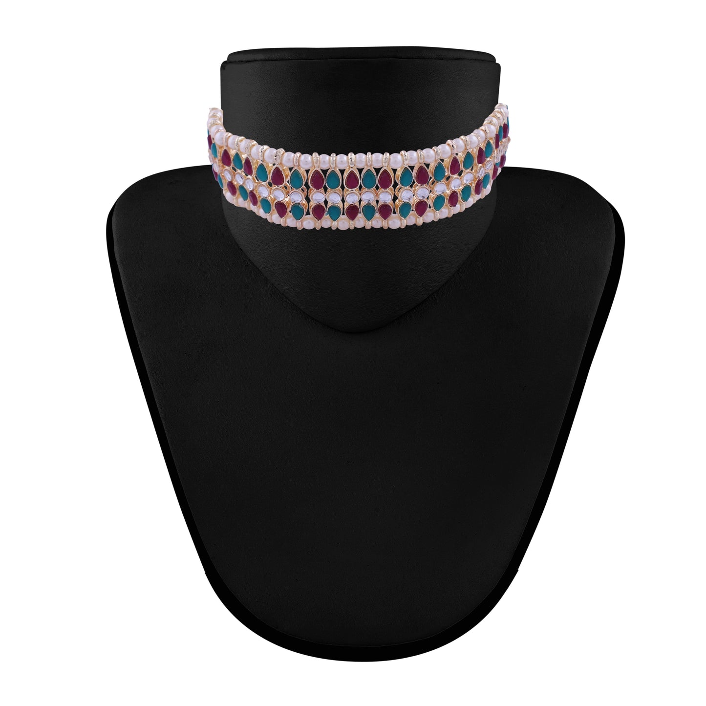 Women's 18k Gold Plated Traditional Peach Pearl & Kundan Studded Choker Necklace Jewellery Set