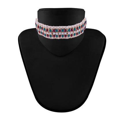 Women's 18k Gold Plated Traditional Peach Pearl & Kundan Studded Choker Necklace Jewellery Set