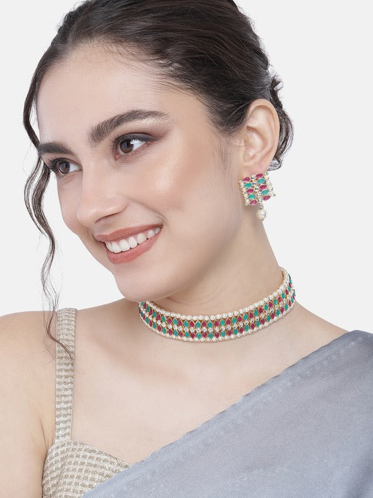 Women's 18k Gold Plated Traditional Peach Pearl & Kundan Studded Choker Necklace Jewellery Set