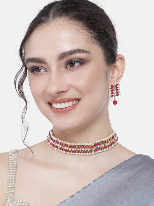 Women's 18k Gold Plated Traditional Peach Pearl & Kundan Studded Choker Necklace Jewellery Set