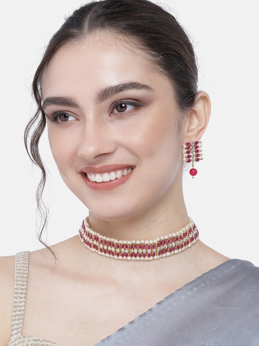 Women's 18k Gold Plated Traditional Peach Pearl & Kundan Studded Choker Necklace Jewellery Set