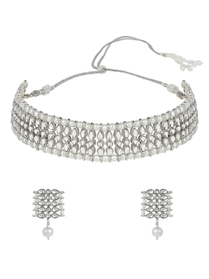 Women's 18k Silver Plated Traditional Silver Pearl & Kundan Studded Choker Necklace Jewellery Set
