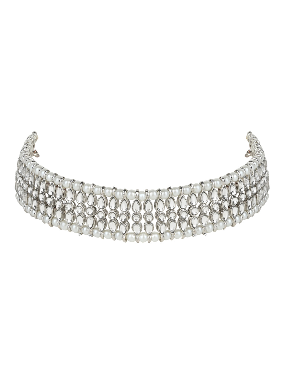 Women's 18k Silver Plated Traditional Silver Pearl & Kundan Studded Choker Necklace Jewellery Set