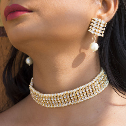 Women's 18K Gold Plated Traditional Kundan & Pearl Studded Choker Set - I Jew