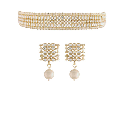 Women's 18K Gold Plated Traditional Kundan & Pearl Studded Choker Set - I Jew