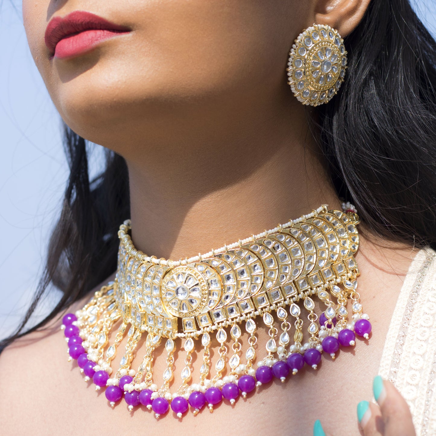Women's 18K Gold Plated Traditional Kundan & Pearl Studded Choker Set - I Jew