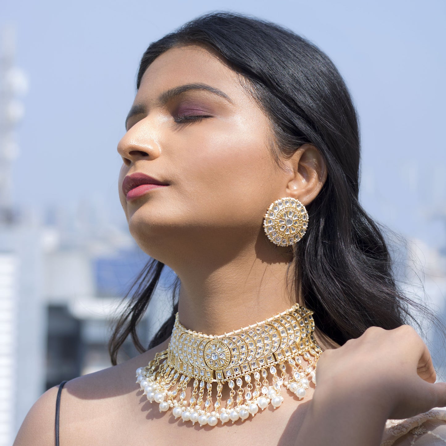 Women's 18K Gold Plated Traditional Kundan & Pearl Studded Choker Set - I Jew