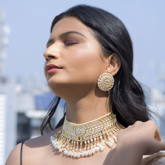 Women's 18K Gold Plated Traditional Kundan & Pearl Studded Choker Set - I Jew