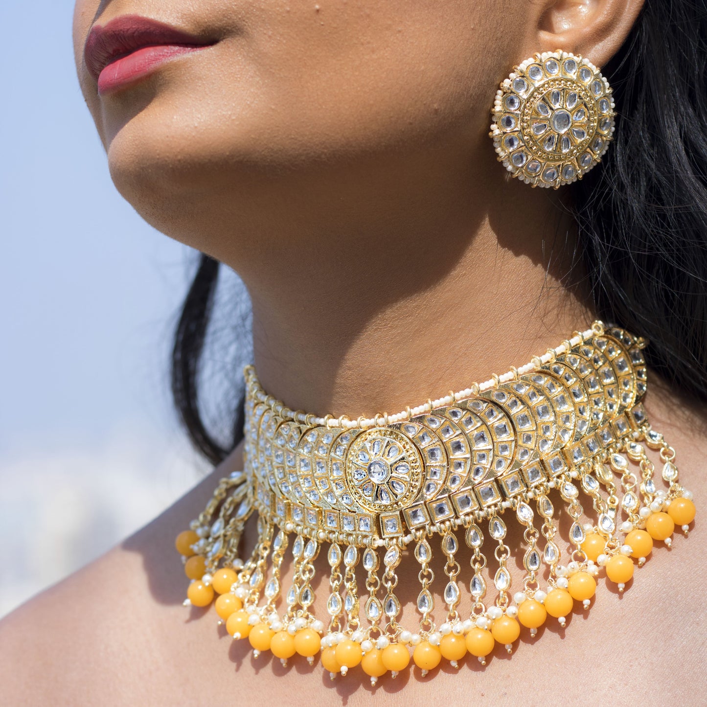 Women's 18K Gold Plated Traditional Kundan & Pearl Studded Choker Set - I Jew