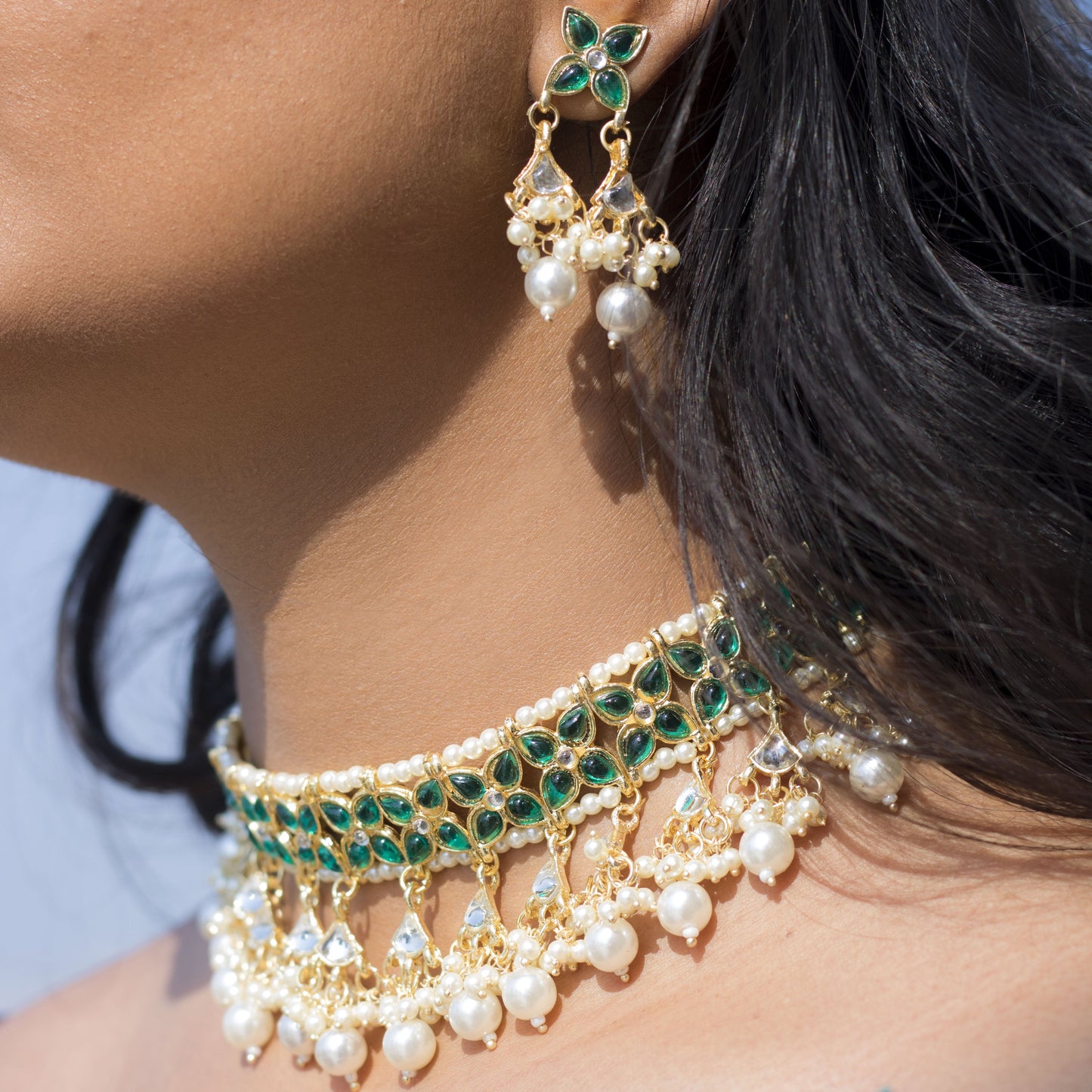 Women's 18K Gold Plated Traditional Kundan & Pearl Studded Choker Set - I Jew