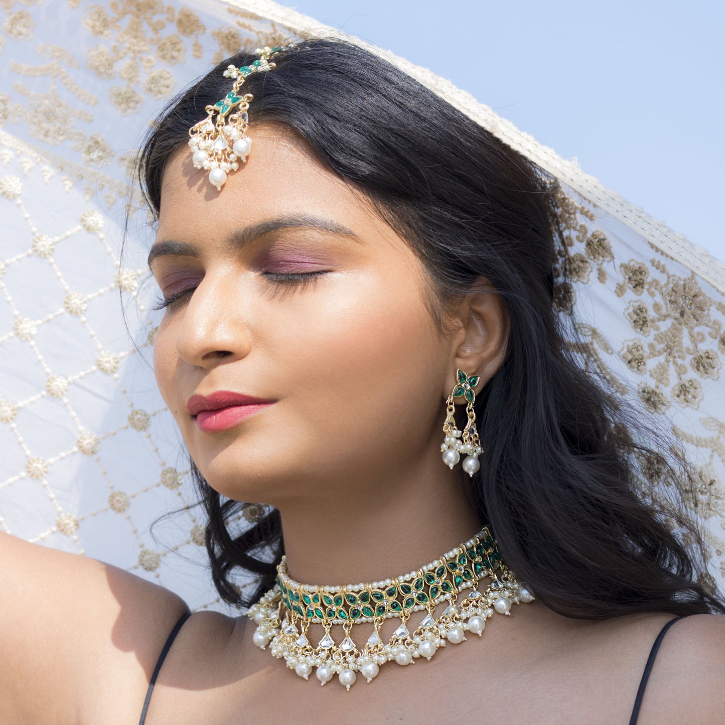 Women's 18K Gold Plated Traditional Kundan & Pearl Studded Choker Set - I Jew