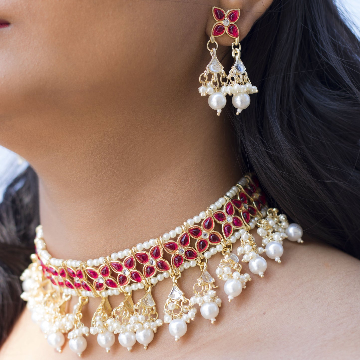 Women's 18K Gold Plated Traditional Kundan & Pearl Studded Choker Set - I Jew