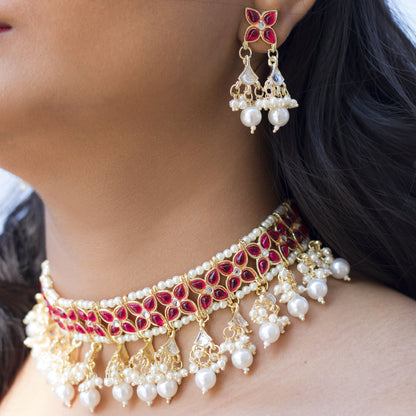 Women's 18K Gold Plated Traditional Kundan & Pearl Studded Choker Set - I Jew