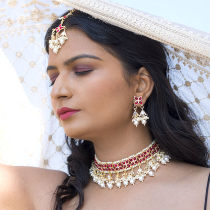 Women's 18K Gold Plated Traditional Kundan & Pearl Studded Choker Set - I Jew