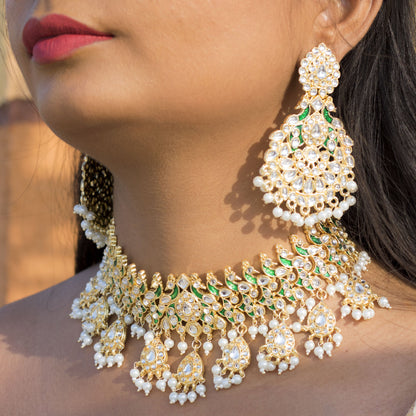 Women's 18K Gold Plated Traditional Kundan & Pearl Studded Choker Set - I Jew