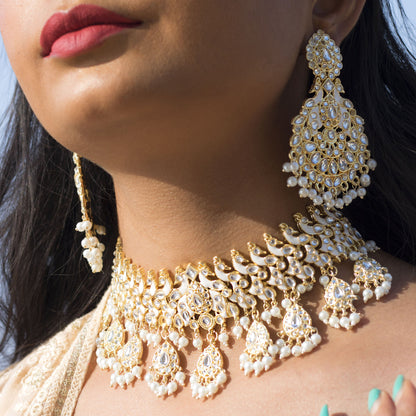 Women's 1 8K Gold Plated Traditional Kundan & Pearl Studded Choker Set - I Jew