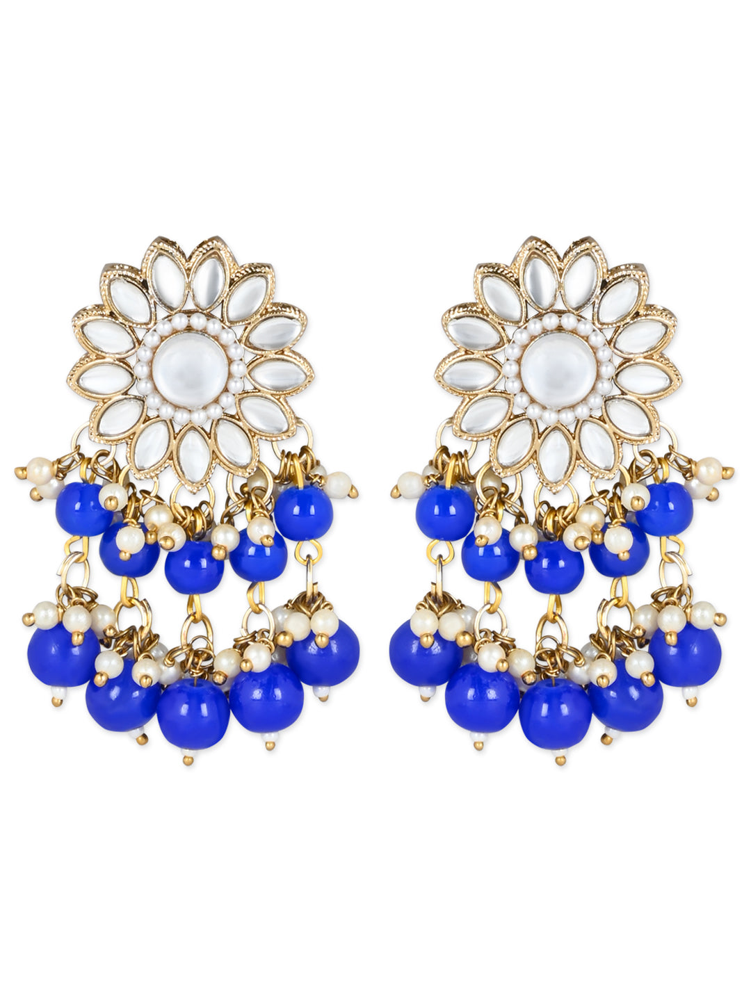 Women's 18K Gold Plated Traditional Kundan Studded Blue Pearl Hanging Choker Necklace Jewellery Set With Earrings & Maang Tikka
