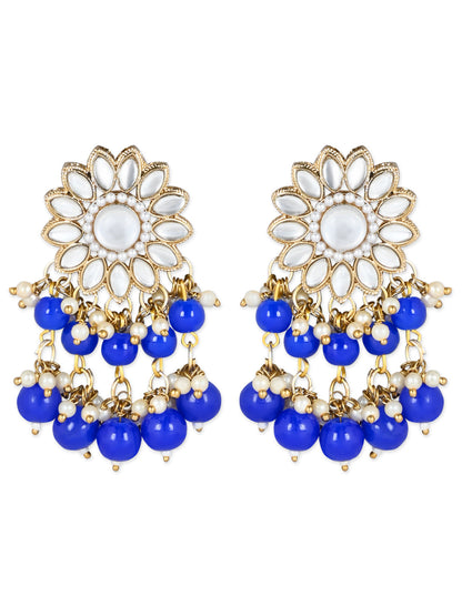 Women's 18K Gold Plated Traditional Kundan Studded Blue Pearl Hanging Choker Necklace Jewellery Set With Earrings & Maang Tikka