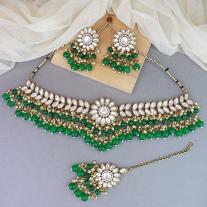 Women's 18K Gold Plated Traditional Kundan Studded Green Pearl Hanging Choker Necklace Jewellery Set With Earrings & Maang Tikka