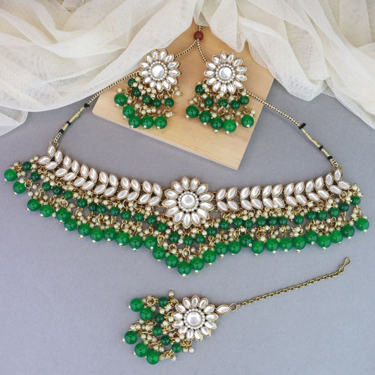 Women's 18K Gold Plated Traditional Kundan Studded Green Pearl Hanging Choker Necklace Jewellery Set With Earrings & Maang Tikka