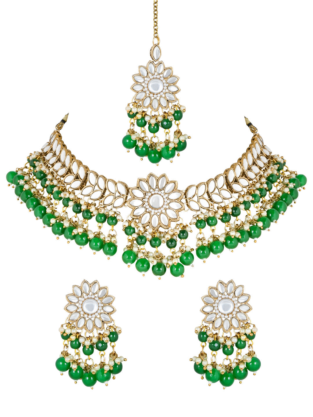 Women's 18K Gold Plated Traditional Kundan Studded Green Pearl Hanging Choker Necklace Jewellery Set With Earrings & Maang Tikka