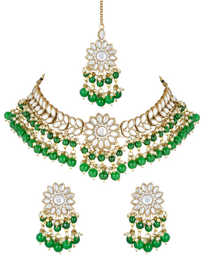 Women's 18K Gold Plated Traditional Kundan Studded Green Pearl Hanging Choker Necklace Jewellery Set With Earrings & Maang Tikka